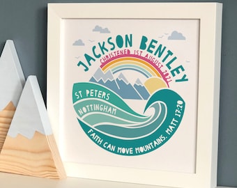 Stampa regalo personalizzata "Avventura in montagna per battesimo", battesimo, giorno del nome, dedica, regalo per neonato, con o senza cornice
