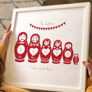 Personalised Russian Dolls Family Names Print, Christmas Family gift- Mothers day gift- family Names & Pet Art poster, unframed and framed