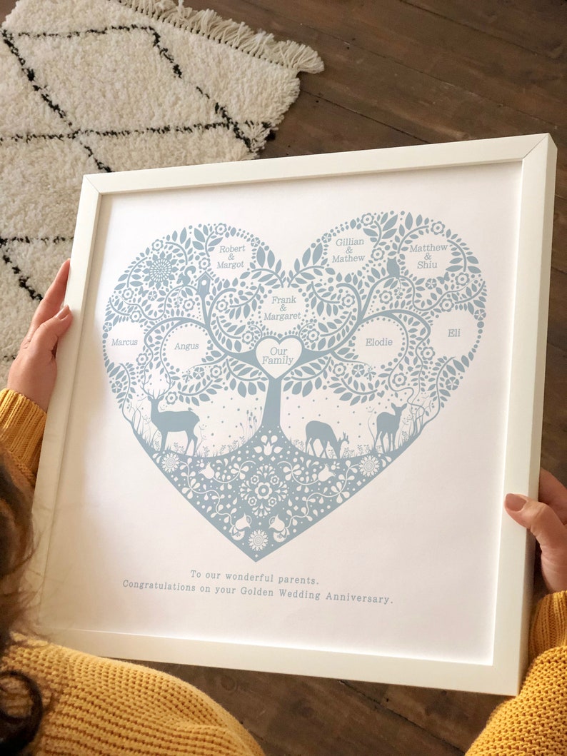 Woodland family tree heart print in chalk blue