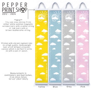 Personalised Dream Big cloud height charts in yellow, blue, grey and pink