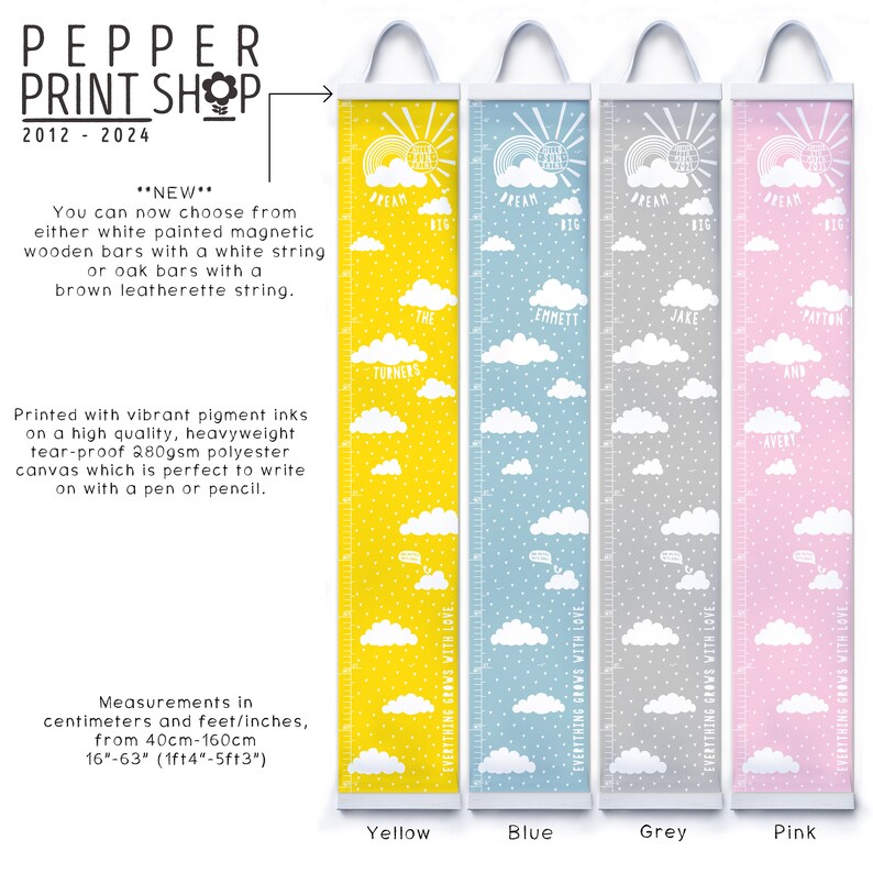 Personalised Dream Big cloud height charts in yellow, blue, grey and pink