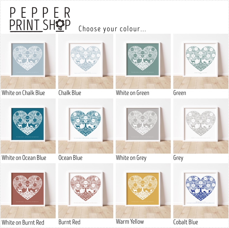 Woodland family tree heart print in a range of colours