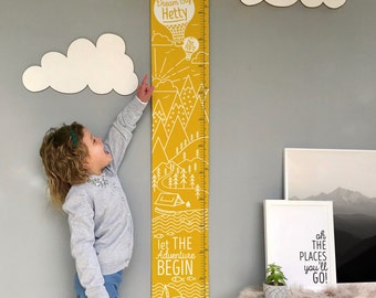 Personalised Mountain Adventure Canvas Height Chart, Kid's growth chart, wall hanging, hot air balloon, in feet, inches & cms