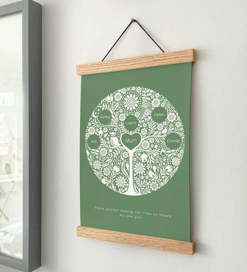 May include: A green wall hanging featuring a white circular tree illustration with names including Ashley, Laura, Helen, Arlo, Emmie, and Mum. The text reads, Thank you for making our lives so happy we love you! It is held by two light wood rails.