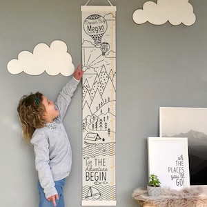 Personalised Monochrome Mountain Adventure Canvas Height Chart, Kid's growth chart, wall hanging, hot air balloon, in feet, inches & cms