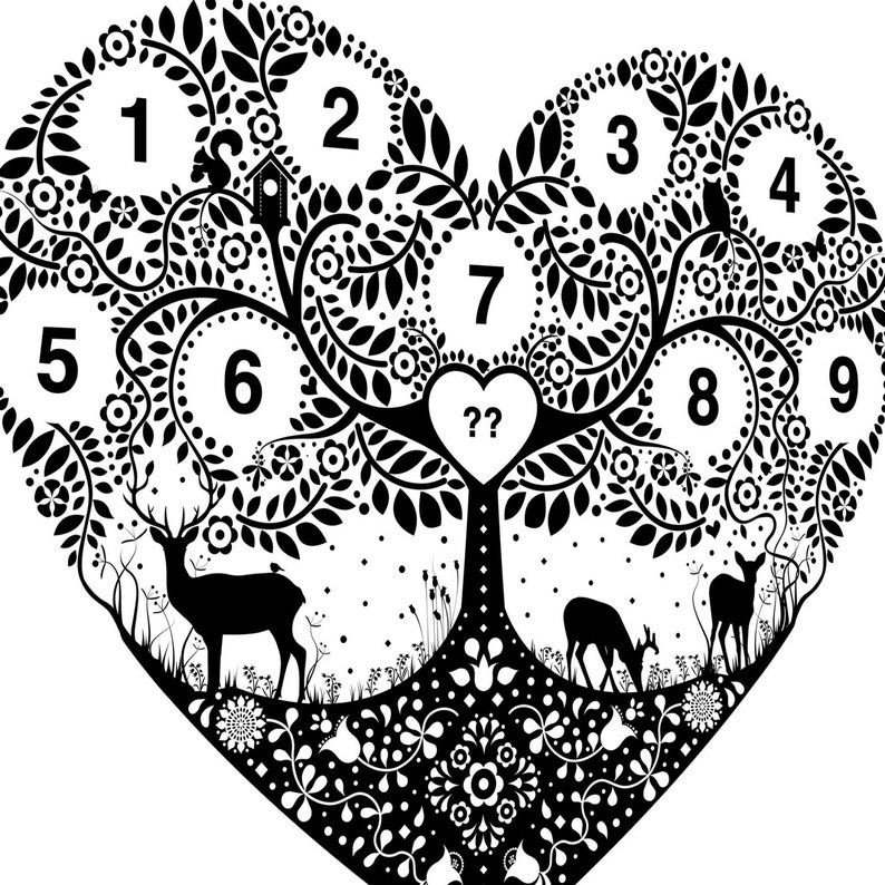 Woodland family tree heart print in black and white, numbered key