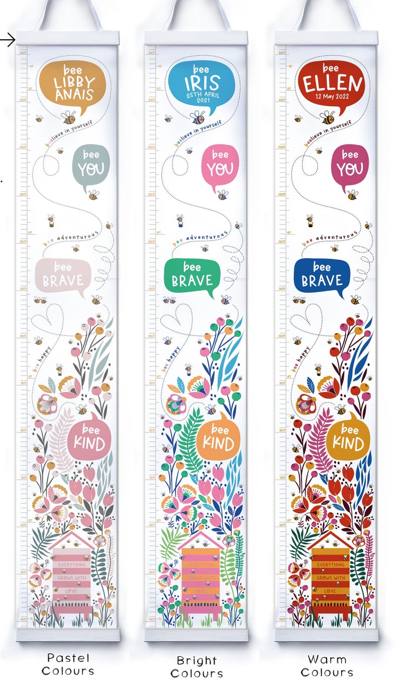May include: Three decorative children's height charts with floral and bee designs. Each chart features a name and date, with phrases like "bee brave" and "bee kind." The charts are in pastel, bright, and warm colors, with measurements in inches.