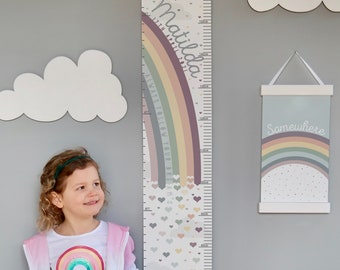 Personalised Pastel or Bright Rainbow Canvas Height Chart, growth chart, wall hanging, hearts or stars in inches & cm's