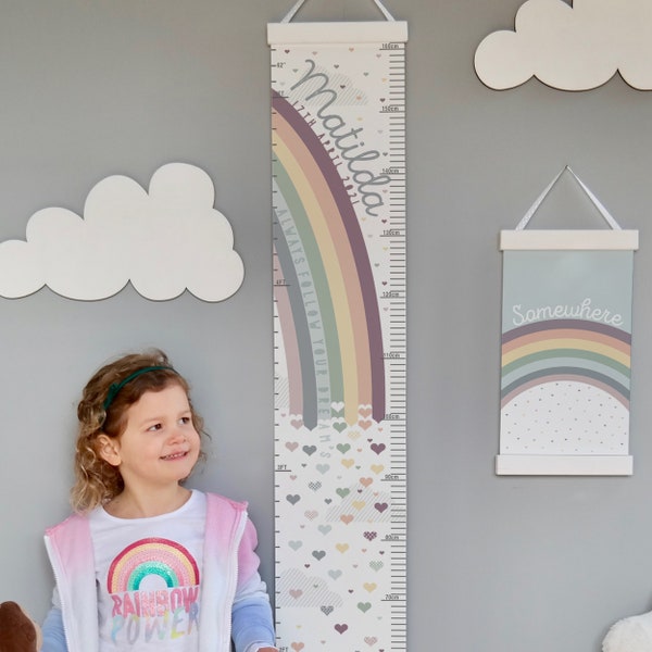 Personalised Pastel or Bright Rainbow Canvas Height Chart, growth chart, wall hanging, hearts or stars in inches & cm's