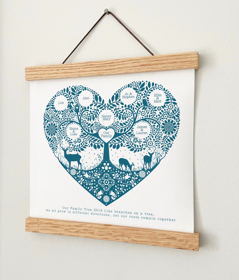 May include: A white wall hanging with a teal heart-shaped tree illustration featuring deer, birds, and names including Lois, Alan, Jo & Stephen, Ellie & Matt, Nanny Mary, Emma & Luke, and James & Lauren. Text reads: Our Family Tree 2019 Like branches on a tree, we all grow in different directions, yet our roots remain together.