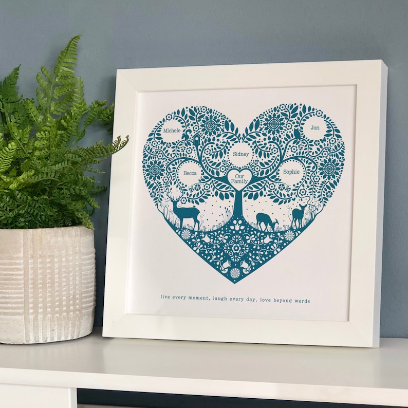 Woodland family tree heart print in ocean blue