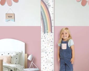 Personalised Pastel or Bright Rainbow Canvas Height Chart, growth chart, wall hanging, hearts or stars in inches & cm's