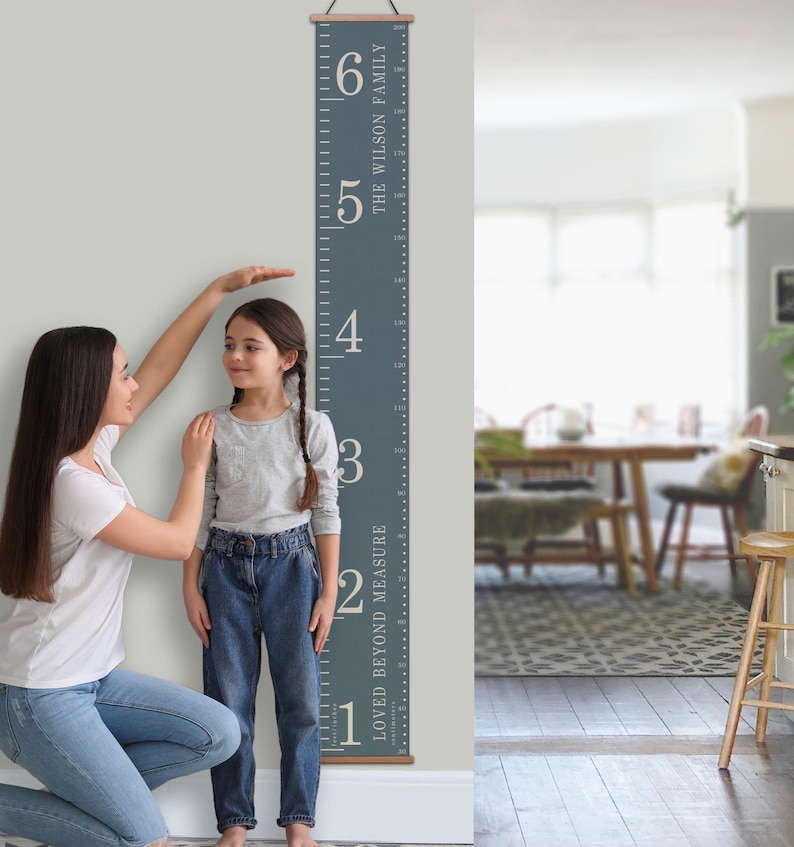 Personalised family Oak height chart in blue