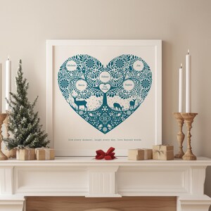 Woodland family tree heart print Christmas family gift in ocean blue