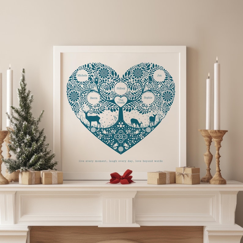 Woodland family tree heart print Christmas family gift in ocean blue