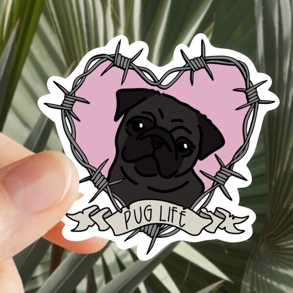 Black Pug - Barb Wire Heart - Pug Parent Gift -  Sticker for Journal, Water Bottle, Phone, Laptop