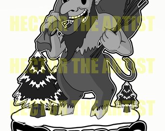 May include: A black and white illustration of Krampus, a horned, goat-like creature, holding a sack and a bundle of sticks. He is standing on a snowy ground with two pine trees behind him. The text "KRAMPUS" is written in bold black letters below him.