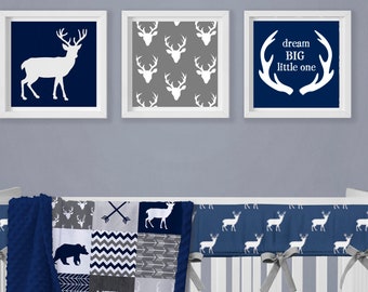 DIGITAL Printable Nursery Art | Woodland Deer | Navy, Gray | Deer, Stag Heads, Antlers with "Dream Big Little One"