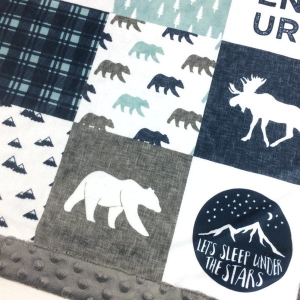 ADVENTURE Minky Blanket | Crib/Child Size |Plaid, Arrows, Bear, Moose, Mountains| Navy | "let's sleep under the stars"