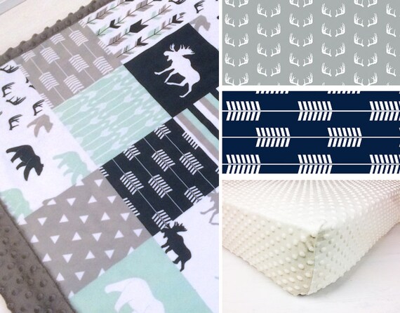 Minky Crib Set Baby Bedding Woodland Mint