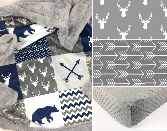 Custom Minky Crib Set Woodland Bear In Grey Navy