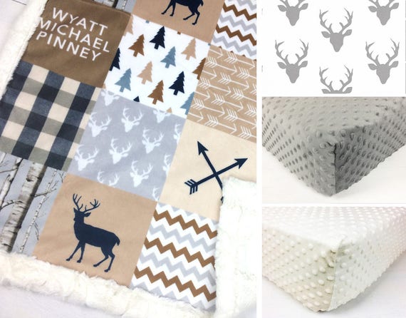 Customizable Minky Crib Set Woodland Deer In Tan Grey Navy