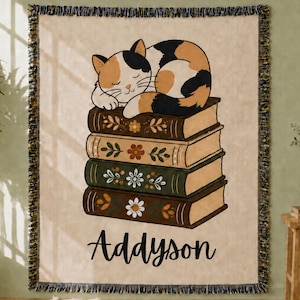 Personalized Cat on Books Woven Blanket, Custom Name Book Lover Throw