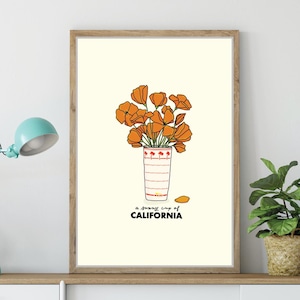 Ilustración colorida In N Out con letras hechas a mano y estampado floral moderno de amapolas de California