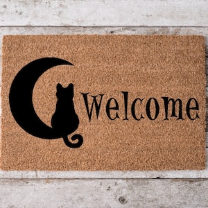 Welcome Sitting Cat Cute Black Cat Doormat Welcome Mat Funny Door Mat Funny Gift Home Doormat Housewarming Closing Gift image 1