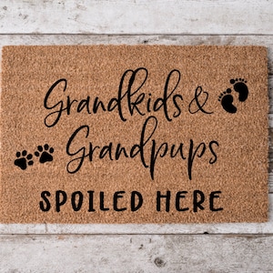 Grandkids and Grandpups Spoiled Here v2 | Custom Welcome Mat | Grandma Grandpa Door Mat | Cheerful Gift | Home Doormat | Housewarming Gift |