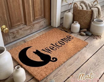 Black Cat and Moon Welcome Coir Doormat for Home Entrances