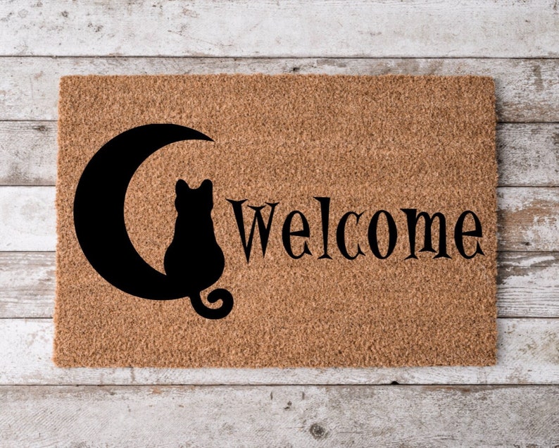 Welcome Sitting Cat Cute Black Cat Doormat Welcome Mat Funny Door Mat Funny Gift Home Doormat Housewarming Closing Gift image 1