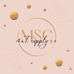 May include: A logo for "MSC mat supply co" in a gold circular frame, with gold accents and a light pink background. The text is in a stylish, handwritten font. Gold circles and swirls decorate the background.