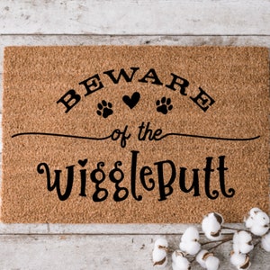 Beware of the Wiggle Butts | Paw Print Pet Family Doormat | Welcome Mat | Dog Door Mat | Housewarming Gift | Home Decor | Cool Rug |