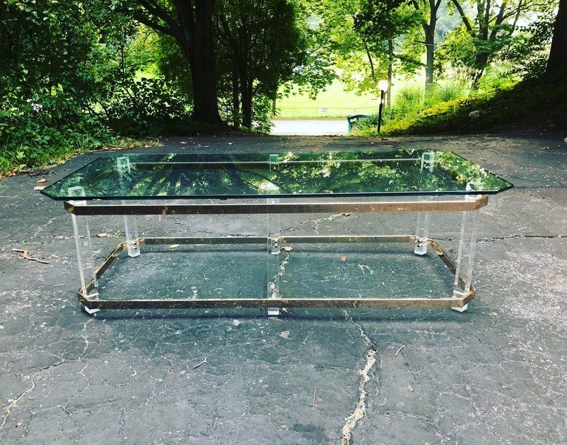 Vintage Hollywood Regency Brass And Lucite Coffee Table With Beveled Glass Top In The Style Of Hollis Jones - Vintage Lucite Coffee Table Vintage Hollywood Regency Brass And Lucite Coffee Table With Beveled Glass Top In The Style Of Hollis Jones - Vintage Lucite Coffee Table