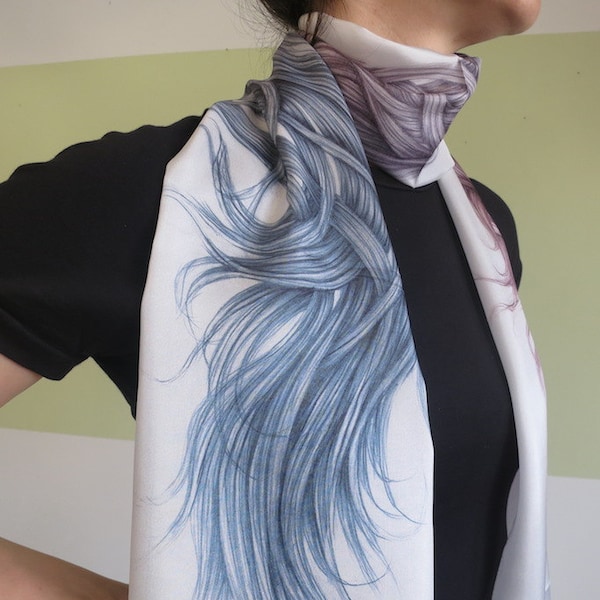 Genuin Silk HairScape Scarf, hand drawn gradient scarf, woman unique gift, wearable art, digitally printed blue scarf