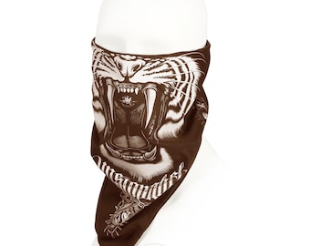 May include: Brown bandana featuring a detailed white illustration of a roaring tiger's face. The bandana is folded and displayed on a mannequin head. The design includes the text "Infernal" in a stylized font.