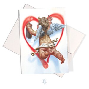 Cupid Spraying Graffiti Greeting Card for Him/Her I Love You Birthday Anniversary Boyfriend Girlfriend Husband Wife
