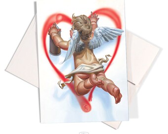 May include: A cherub angel with wings and a spray can paints a red heart shape on a white background.
