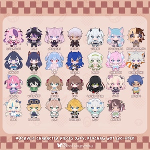 May include: A collection of twenty-six small, colourful acrylic character charms featuring various anime-style figures. Each character is labelled with a name below it. The bottom text reads: ACRYLIC CHARACTER PIECES ONLY, KEYCHAIN NOT INCLUDED.