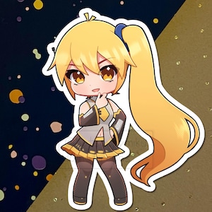 May include: A sticker featuring a chibi anime character with yellow hair in a ponytail. The character wears a black and yellow outfit with a matching skirt. The background is a mix of dark blue and gold.