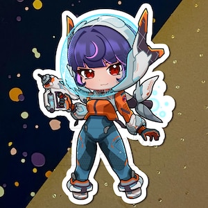 May include: A sticker featuring a cartoon character in a futuristic space suit. The character has purple hair, red eyes, and is holding a ray gun. The suit is orange, blue, and white, with a helmet and accents. The sticker has a white border.