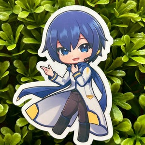 May include: A sticker featuring a chibi anime character with blue hair, blue eyes, and a headset. The character wears a white coat with blue and yellow accents, brown pants, and black boots. The sticker is on a green leafy background.