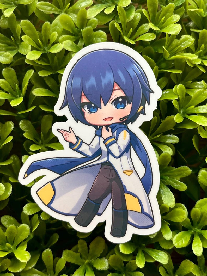May include: A sticker featuring a chibi anime character with blue hair, blue eyes, and a headset. The character wears a white coat with blue and yellow accents, brown pants, and black boots. The sticker is on a green leafy background.