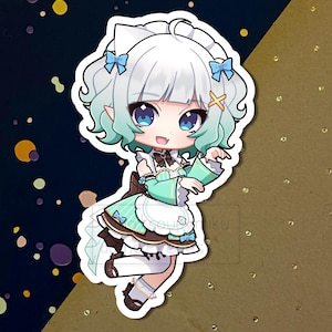 May include: A sticker depicting an anime-style character with white hair, blue eyes, and a teal and white outfit. The character is in a dynamic pose, holding a small item. The background is a mix of dark blue and gold.