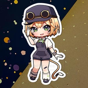 May include: A cartoon illustration of a girl with blonde hair wearing a black and white striped overall dress, a black cap with goggles, and a white shirt. She has a cat tail and is holding a white glove in her right hand. The background is a dark blue with yellow and orange dots.