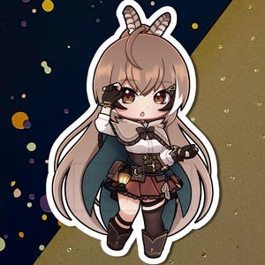 May include: A cartoon illustration of a young woman with brown hair and brown eyes. She is wearing a brown and blue outfit with a white collar and a brown belt. She is holding a lantern in her left hand and a sword in her right hand. She is standing on a brown background.