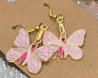 Breast Cancer Awareness Ribbon Butterfly Earrings