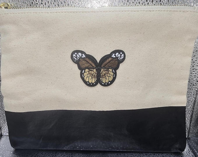 Canvas & Faux Leather Butterfly Zipper Pouch – Handmade Cosmetic Bag