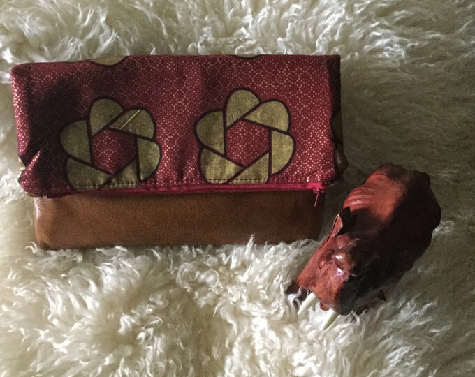 Genuine Leather and Ankara Fold Over Clutch